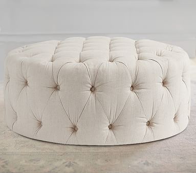 Round Tufted Ottoman, Erin Linen Oatmeal | Pottery Barn Kids