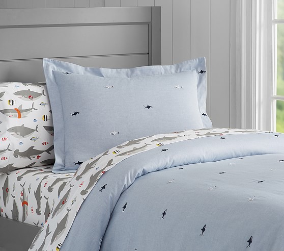 Oxford Embroidered Shark Kids Duvet Cover Pottery Barn Kids