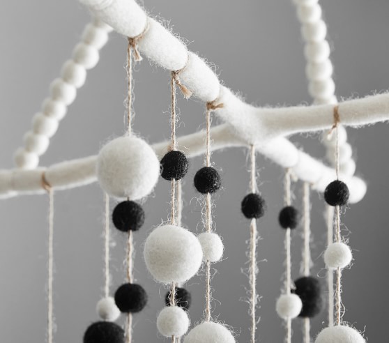 Black And White Felted Pom Pom Hanging Ceiling Mobile Pottery