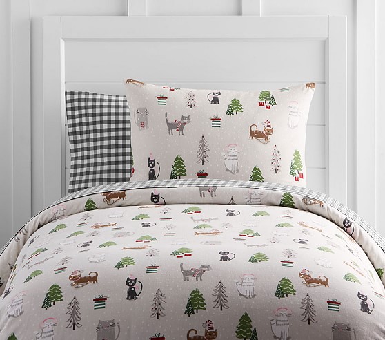 Holiday Cat Flannel Kids Duvet Cover Pottery Barn Kids