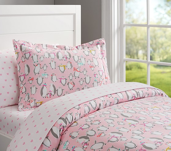 Pink Penguin Flannel Kids Duvet Cover Pottery Barn Kids